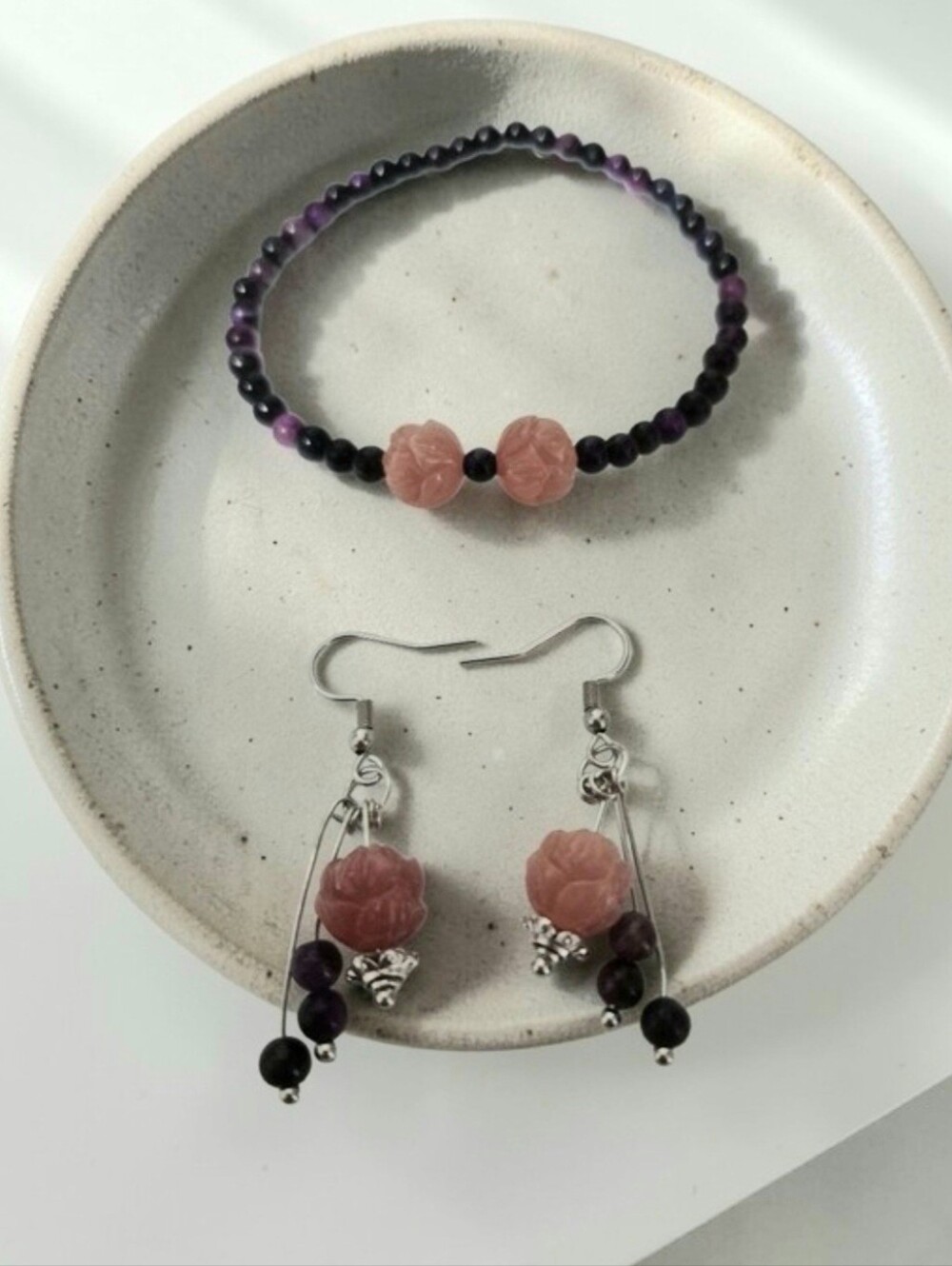 Handcrafted Purple Tigers Eye Bracelet And Earring Set